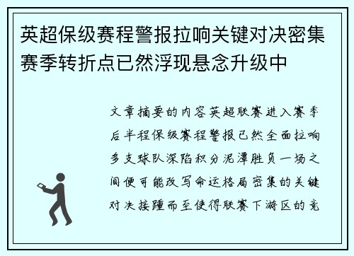 英超保级赛程警报拉响关键对决密集赛季转折点已然浮现悬念升级中 英超保级赛程警报拉响关键对决密集赛季转折点已然浮现悬念升级中