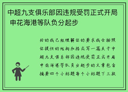 中超九支俱乐部因违规受罚正式开局 申花海港等队负分起步